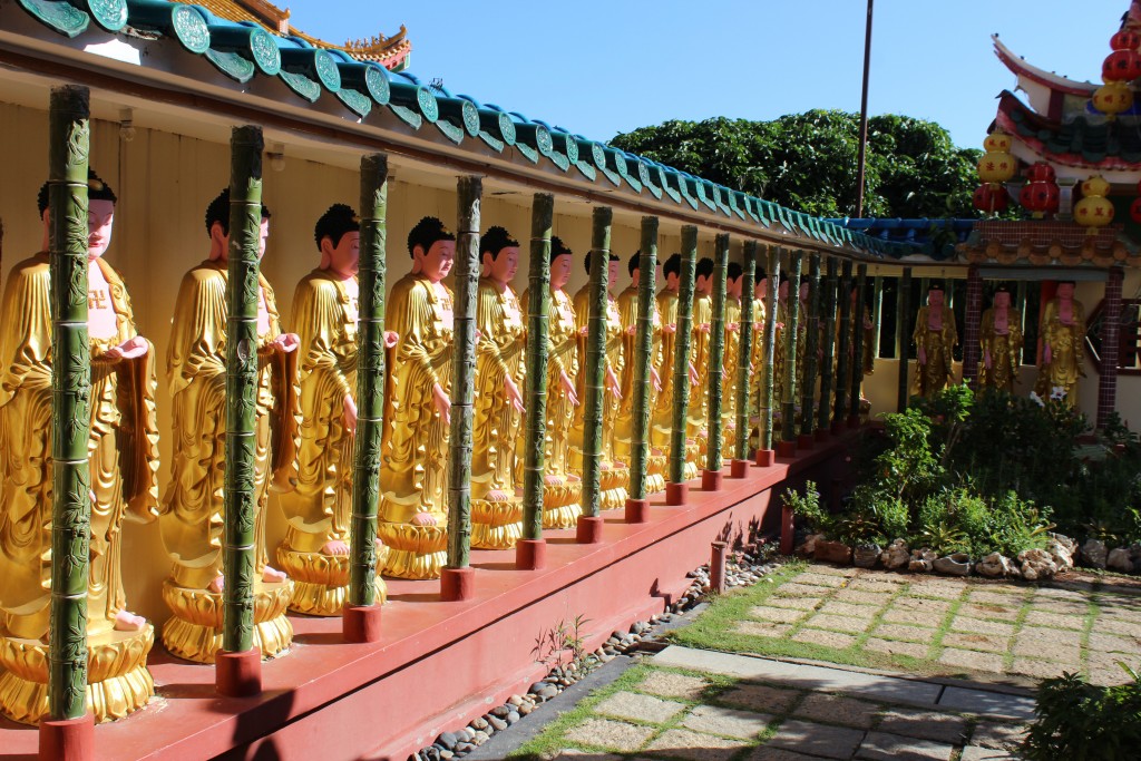 Long line of Buddhas. Each was sporting a swastika, an ancient Buddhist symbol, on its chest.