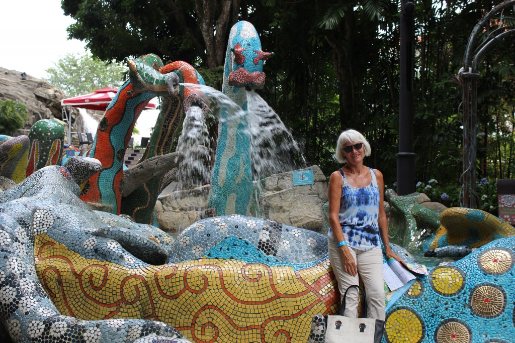 Janis beside the mozaic waterway. Looks like something from Gaudi's Parc Guell in Barcelona.