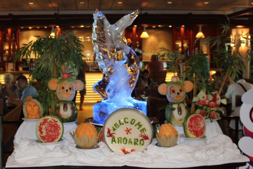 Sculpted fruit and ice are traditional on first days to welcome guests aboard.