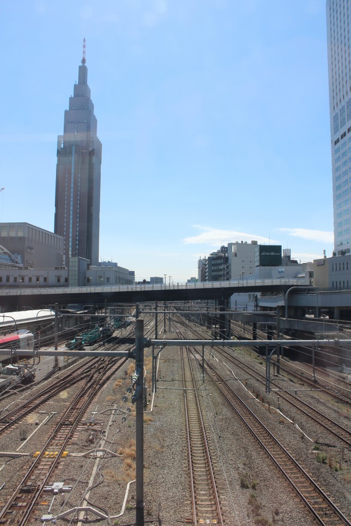 Train tracks approaching Shinjuku Station. 