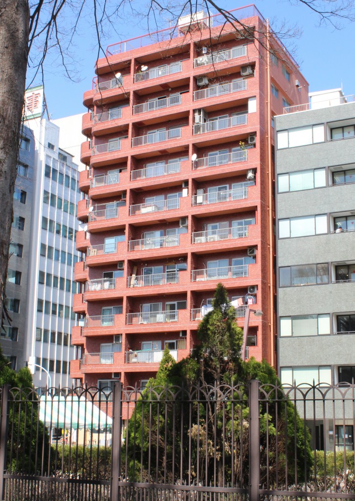 Brick buildings are popular. This ten story apartment downtown is across the street from the Shinjuku Gyoen national Garden.