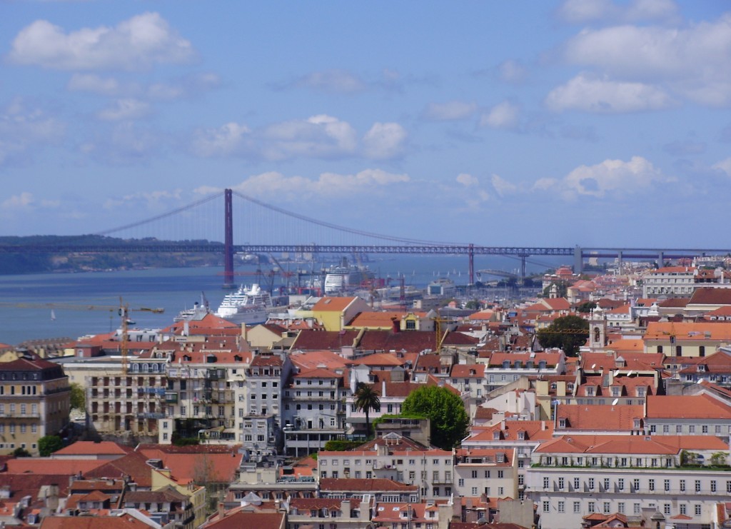 The 25 de Abril Bridge and our cruise ship as seen from the ramparts of the Castelo de Sao Jorge