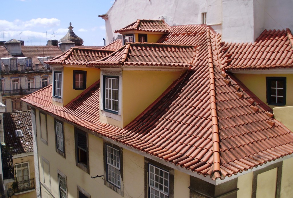 Most of the buildings in Lisbon have red tile roofs.