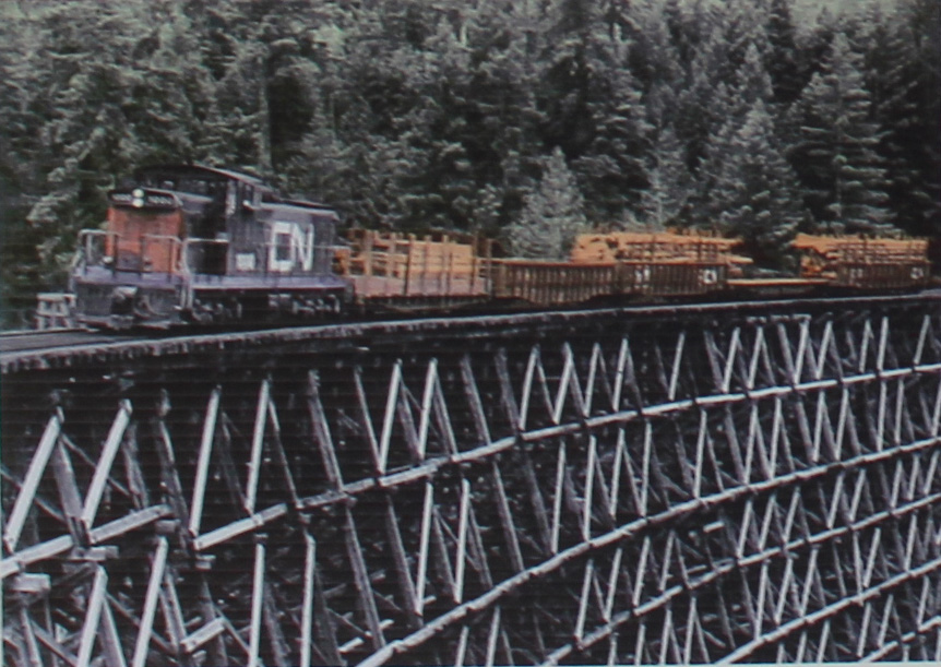 Modern timber train crossing the trestle. The last crossing was in June 1979.