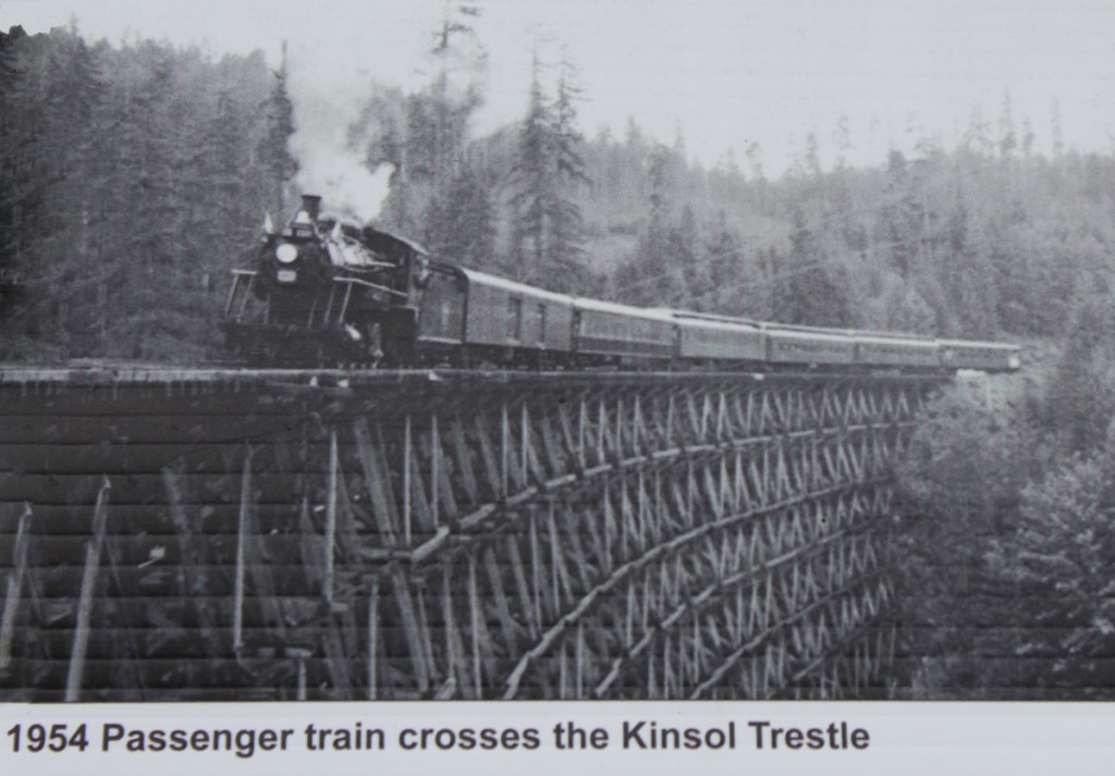 A rare crossing of the trestle by a passenger train. This one was filled with model railroad enthusiasts.