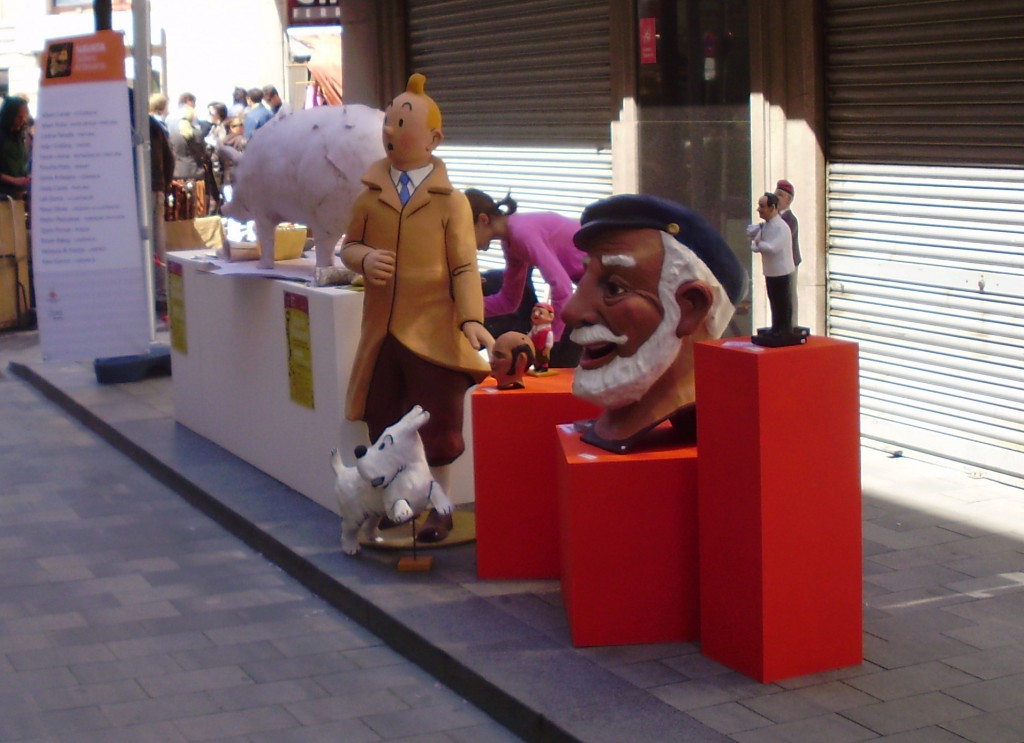Tin Tin and friends - life size scultures for sale during May Day 2009 in Figueres, Spain. 