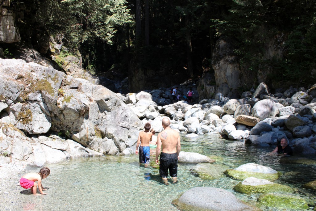 People wading in the lower pools.