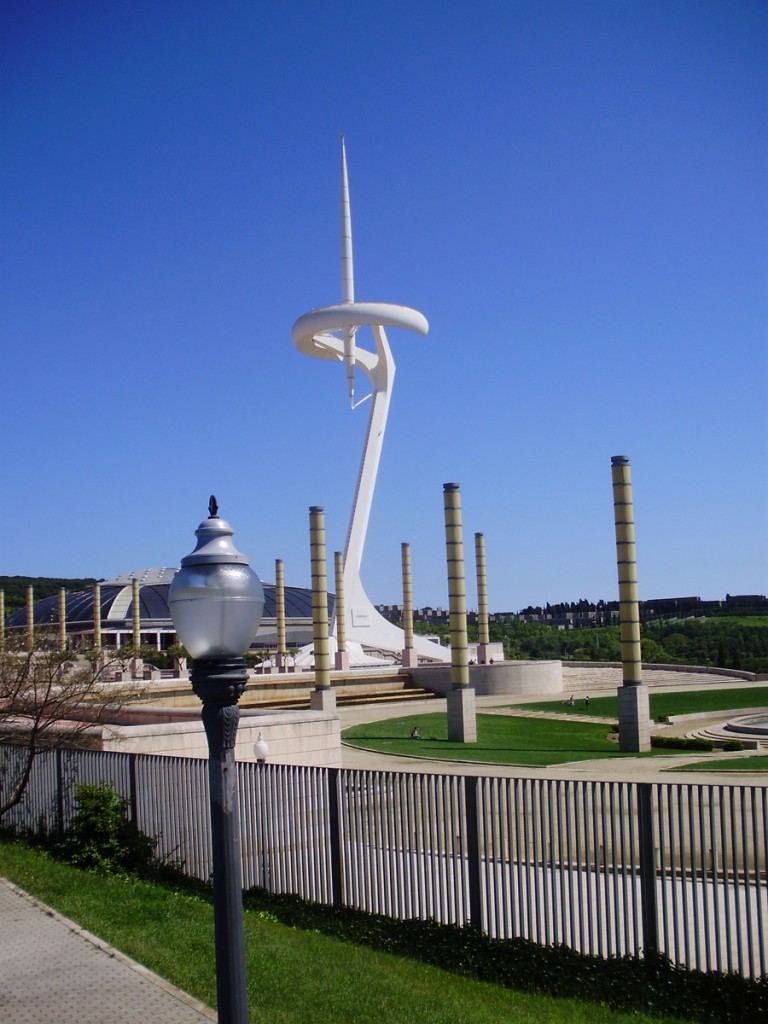 The Montjuric Communications Tower is 446 foot tall tower designed as a stylized Olympic runner carrying a torch.