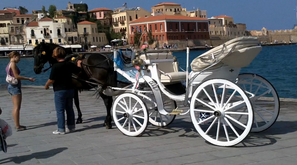 You can rent this horse and buggy for a ride around the scenic old town of Chania.