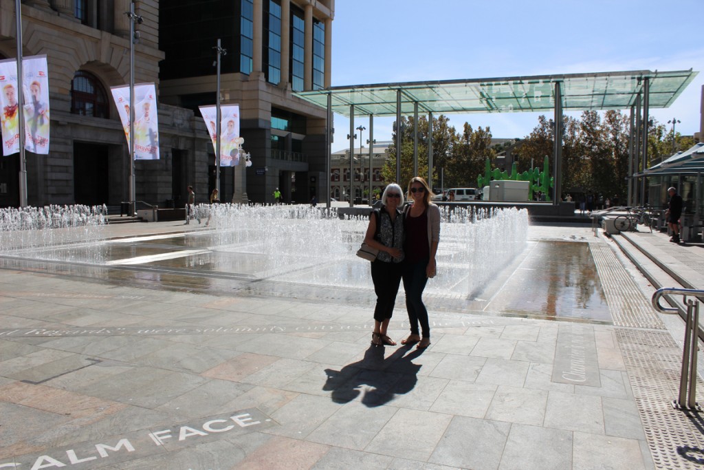My wife and daughter at the Forrest Place fountain