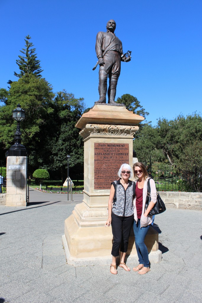 Janis and Sarah with the statue of Alexander Forrest at the entrance to Stirling Gardens.