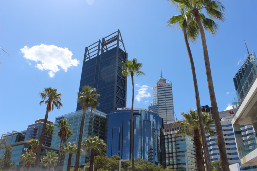 The BHP Billiton Building rises high in the Perth skyline
