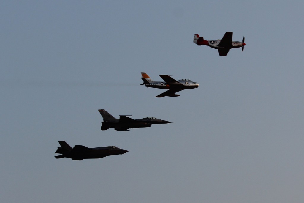 Heritage Flight - top to bottom - P-51 Mustang, F-86 Sabre, F-16 Viper, and F-35A Lightning II.